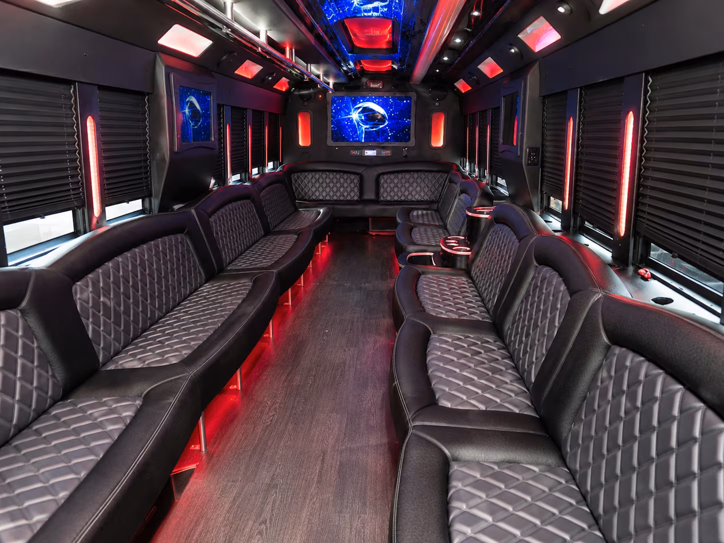 Passenger seating aboard a party bus rental serving Santa Rosa
